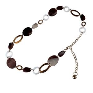 Beaded chain waist belt goldtone shell and wood tones adjustable mod fashion